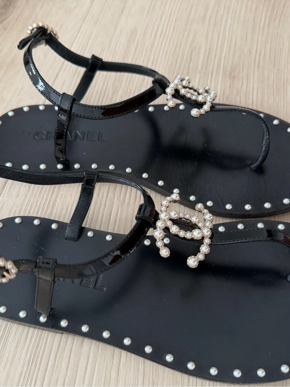 CHANEL Black Pearl-Accent T-Strap Sandals